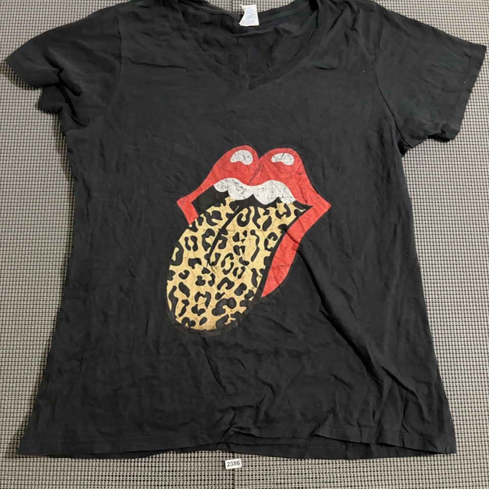 Port & Company Rolling Stones Leopard Tongue V-Neck T-Shirt Black XL Ladies